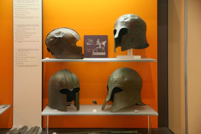 Delphi archaeological museum - Bronze hoplite helmets